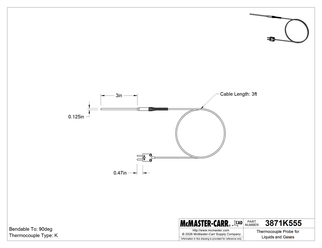 Technical Drawing of Thermocouple Probe for Liquids and Gases, Type K, Flat-Pin Mini, with Cable, 3" Long x 1/8" Diameter Probe.
